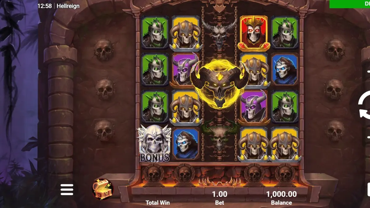 Cenário sombrio e gótico do slot Hellreign Scatter Magnet com elementos infernais
