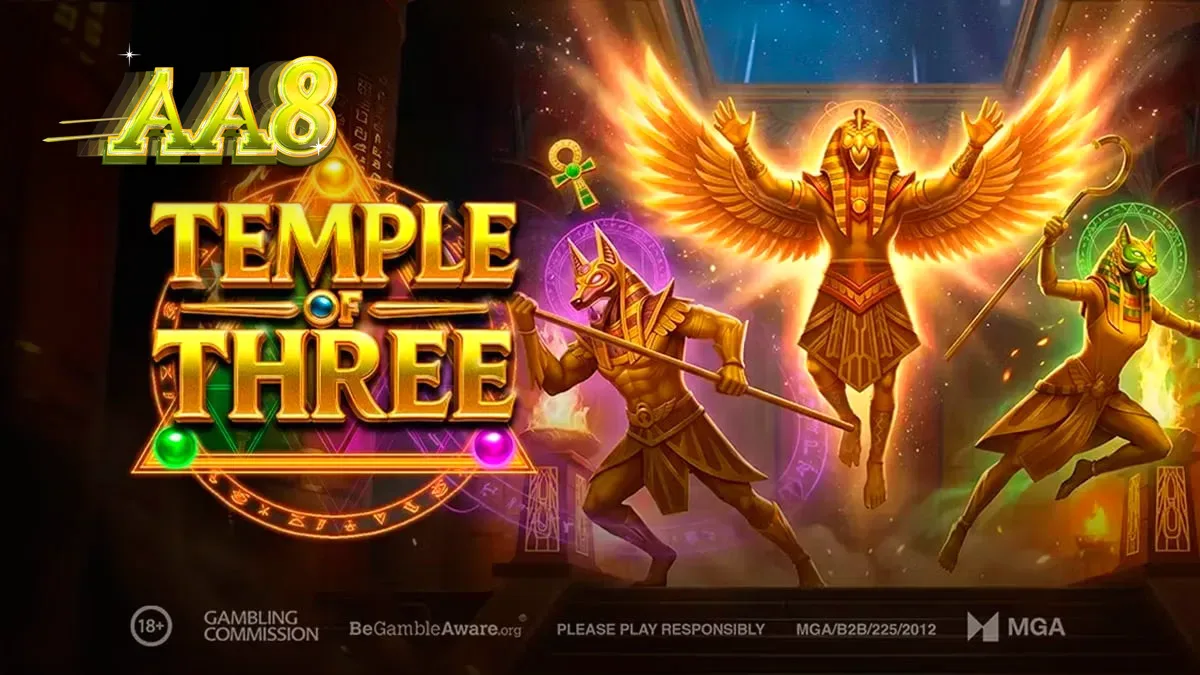 Interface do jogo Temple of Three com ícones egípcios e rolos de slot